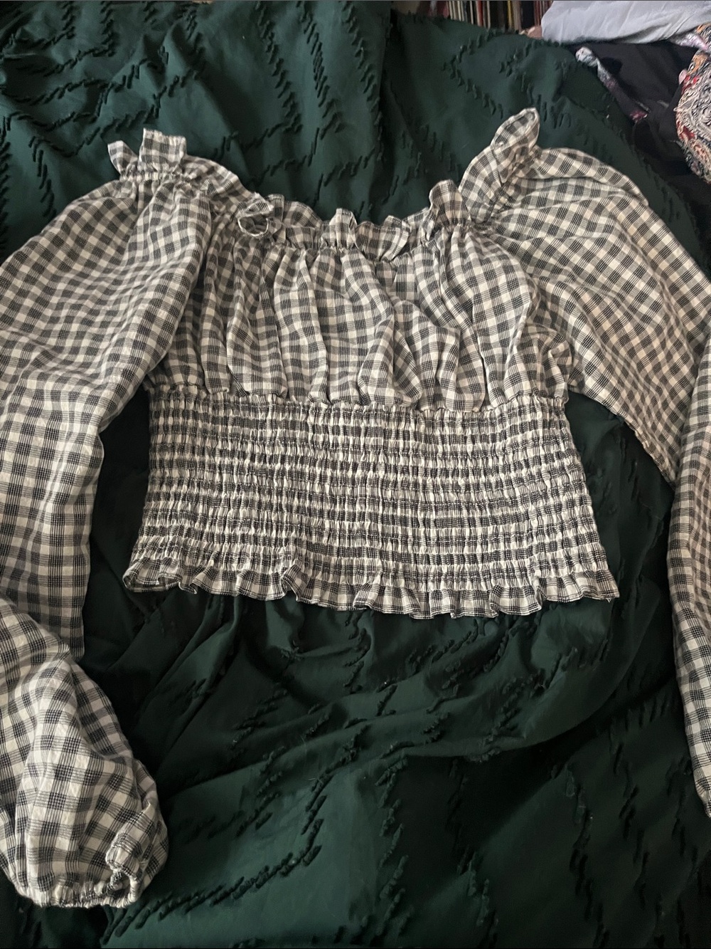 Beyond the Radar Smocked Off-Shoulder Gingham Top - Gray/White like new